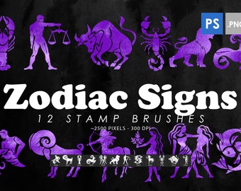 Zodiac Photoshop Stamp Brushes, Astrology Brushes, Procreate Brushes, Brushes ABR, Zodiac Signs, Astrology Clip Art, Printable, Shapes