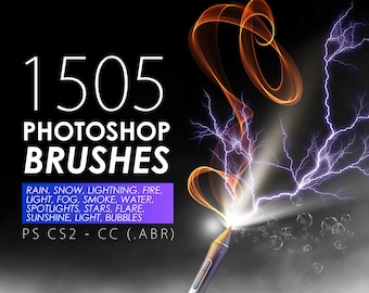 May include: A digital illustration of a lightning bolt and a swirl of orange light, with a stylus pen in the foreground. The text "1505 Photoshop Brushes" is at the top of the image. Below the text is a list of brush types: Rain, Snow, Lightning, Fire, Light, Fog, Smoke, Water, Spotlights, Stars, Flare, Sunshine, Light, Bubbles. The text "PS CS2 - CC (.ABR)" is at the bottom of the image.