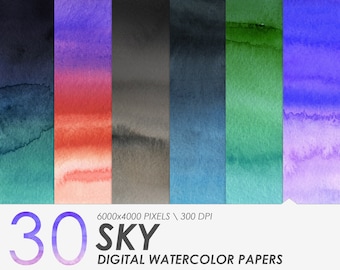30 Watercolor Sky Digital Papers | Scrapbook Paper Pack | Digital Paper | Cloud Background | Sky Texture | Commercial Use | Digital Download