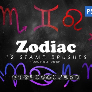 Zodiac Symbols Photoshop Stamp Brushes, Astrology Brushes, Procreate Brushes, Brushes ABR, Astrology Clip Art, Printable, Shapes, PNG