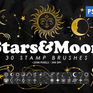 Stars Photoshop Stamp Brushes, Moon Brushes, Procreate Brushes, Brushes ABR, Decorative Brushes, Astrology Clip Art, Printable, Shapes