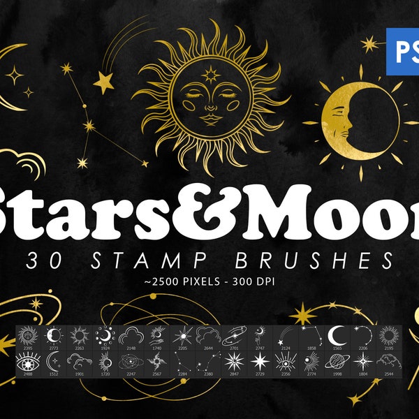 Stars Photoshop Stamp Brushes, Moon Brushes, Procreate Brushes, Brushes ABR, Decorative Brushes, Astrology Clip Art, Printable, Shapes