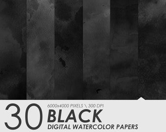 30 Black Watercolor Digital Paper, Watercolor Black Papers, Scrapbook Papers, Black Watercolor Textures, Commercial Use, Digital Download