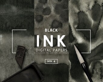 Black Ink Digital Paper 4, Watercolor Textures, Watercolor Backgrounds, Printable, Instant Download, Ink, Watercolor Ombre, Commercial Use