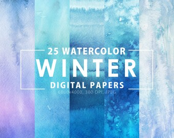 25 Winter Watercolor Digital Paper, Watercolor Textures, Winter Overlays, Printable, Frost Overlays, Instant Download, Watercolor Ombre