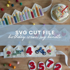 May include: A felt birthday crown featuring a row of colorful candles, a second crown with a red number 4, a bicycle, mushrooms, and mountains, accompanied by separate felt numbers 2, 3, 5, 6, 7, and small felt balls on a wooden surface.