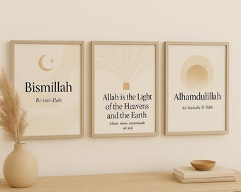 Conjunto minimalista de arte mural islámico / Bismillah, Alhamdulillah, Alá es la luz / Decoración moderna del hogar musulmán