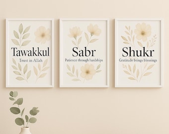 Conjunto de arte mural islámico Tawakkul, Sabr, Shukr / Decoración minimalista para el hogar musulmán / Pósteres imprimibles con citas del Corán /