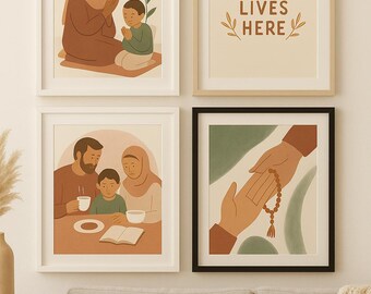 Arte mural islámico / Decoración moderna para el hogar musulmán / Láminas "Barakah vive aquí" / Decoración de Ramadán / Arte minimalista de oración familiar