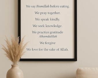 Arte mural con reglas de la casa islámica / Póster "En esta casa, Bismillah Alhamdulillah" / Decoración para el hogar de una familia musulmana / Descarga digital imprimible