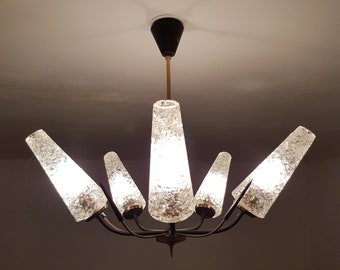 Chandelier authentic french vintage 19501960 Arlus Lunel white glass and brass.