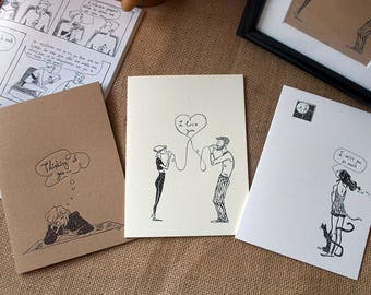 Comics Postcards Letterpress  / Handmade Postcards / comics from Greece / illustrator/ comic artist / comics /love / valentine' s day