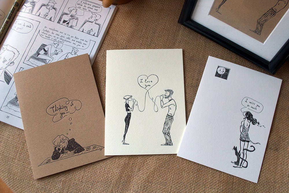 Comics Postcards Letterpress / Handmade Postcards / comics from Greece / illustrator/ comic artist / comics /love / valentine' s day