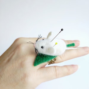 Wool felted pin cushion mouse for needles gift for tailor seamstress, Needle Felted animal ring pincushion