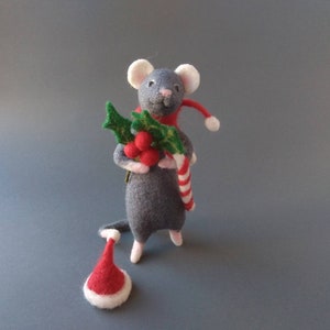Needle Felted Christmas Mouse: Poseable Wool Shelf Decor