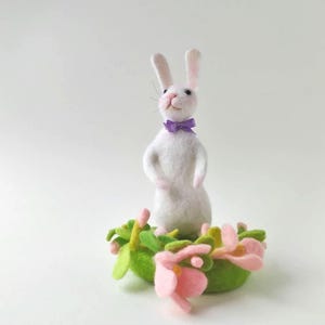 Needle Felted Bunny Art Doll: Wool Baby Bunny on Flower Glade