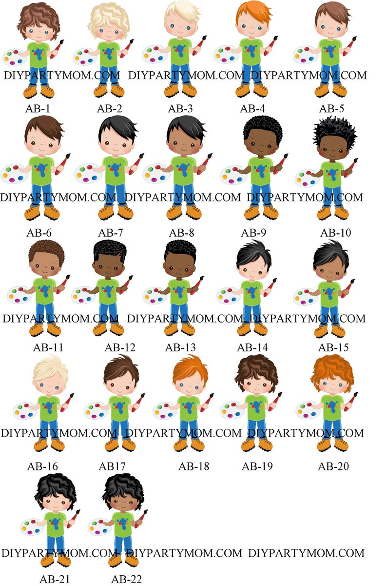 Op de afbeelding: Een verzameling van 22 cartoon illustraties van jonge kunstenaars. Elke figuur houdt een penseel en een palet met kleurrijke verf vast. Ze dragen groene shirts, blauwe jeans en bruine laarzen. De website DIYPARTYMOM.COM staat eronder afgedrukt.