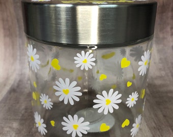 Daisies and Hearts Candy jar Mother’s Day gift, glass candy jar treats for mom gift idea, Mother’s Day flowers and hearts