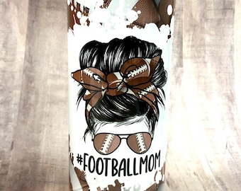 Football Mom Tumbler with Straw, Pop Warner Little League, MomLife, Football Background
