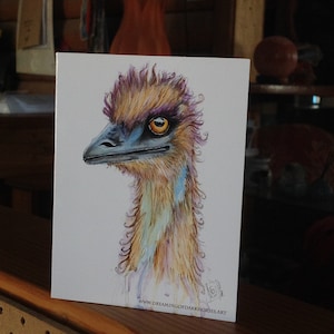 Cartão de nota australiano da placa dos animais selvagens: Emu, impressão colorida de uma aquarela original pelo artista australiano dreamingofdarkhorses.