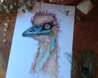 Australian Wildlife print: Emu, Colourful Print of an original watercolour by Australian artist dreamingofdarkhorses.