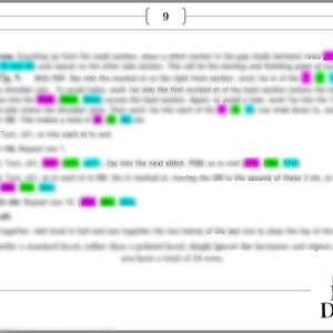 May include: A close-up of a crochet pattern for a hood. The pattern includes instructions for working in rows, increasing, and decreasing stitches. The text includes the words "sc into the next stitch, hdc or to end".