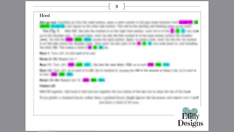 May include: A close-up of a crochet pattern for a hood. The pattern includes instructions for working in rows, increasing, and decreasing stitches. The text includes the words "sc into the next stitch, hdc or to end".