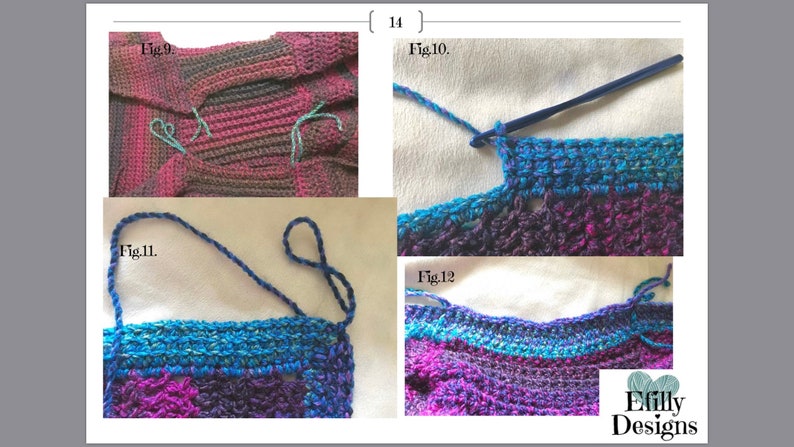 May include: Four close-up images showing different steps in crocheting a colorful blanket. The images are labeled "Fig. 9", "Fig. 10", "Fig. 11", and "Fig. 12". The text "Efiily Designs" is in the bottom right corner of the image.