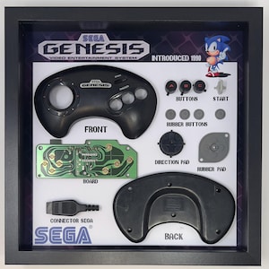 May include: A framed display of the Sega Genesis video game console. The display includes the front and back of the console, the controller, the circuit board, and the buttons. The display also includes the Sega logo and the text "Introduced 1990".