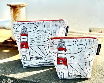 Orfordness Lighthouse Print Washbag Zipper- Handmade lined zipper for make-up, toiletries, cables, packing & projects