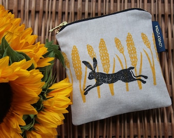 Hand Printed & Hand Sewn Little Zipper Purse with Harvest Hare Motif- ideal stocking filler or birthday gift