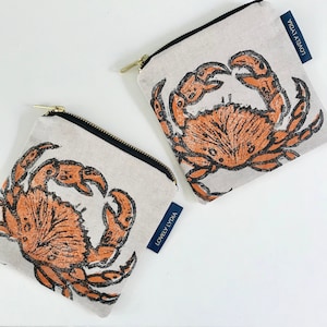 Crab Linocut Mini Zipper Purse- Hand Printed & Hand Sewn. Fits a passport, keys, an ideal stocking filler or birthday gift