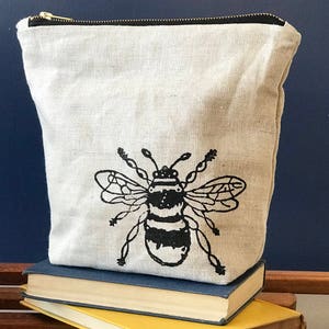 BumbleBee Washbag Zipper Purse Handmade water-proof lined natural linen zipper bag ideal for make up, toiletries, cables or projects image 4