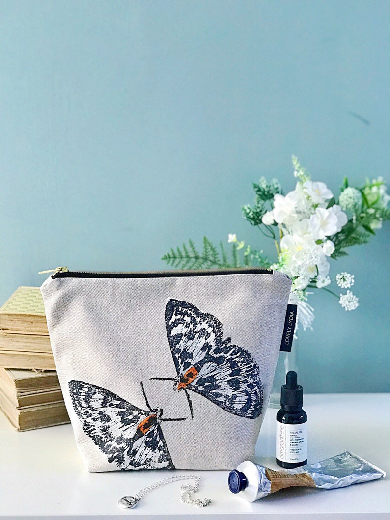 Moth Print Washbag Zipper Handmade cotton or waterproof lined zipper for make-up, cosmetics, toiletries, cables & projects image 2