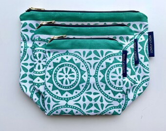Emerald Green Tile Print Washbag Zipper - Handprinted Handmade zipped pouch ideal for cosmetics, toiletries and packing