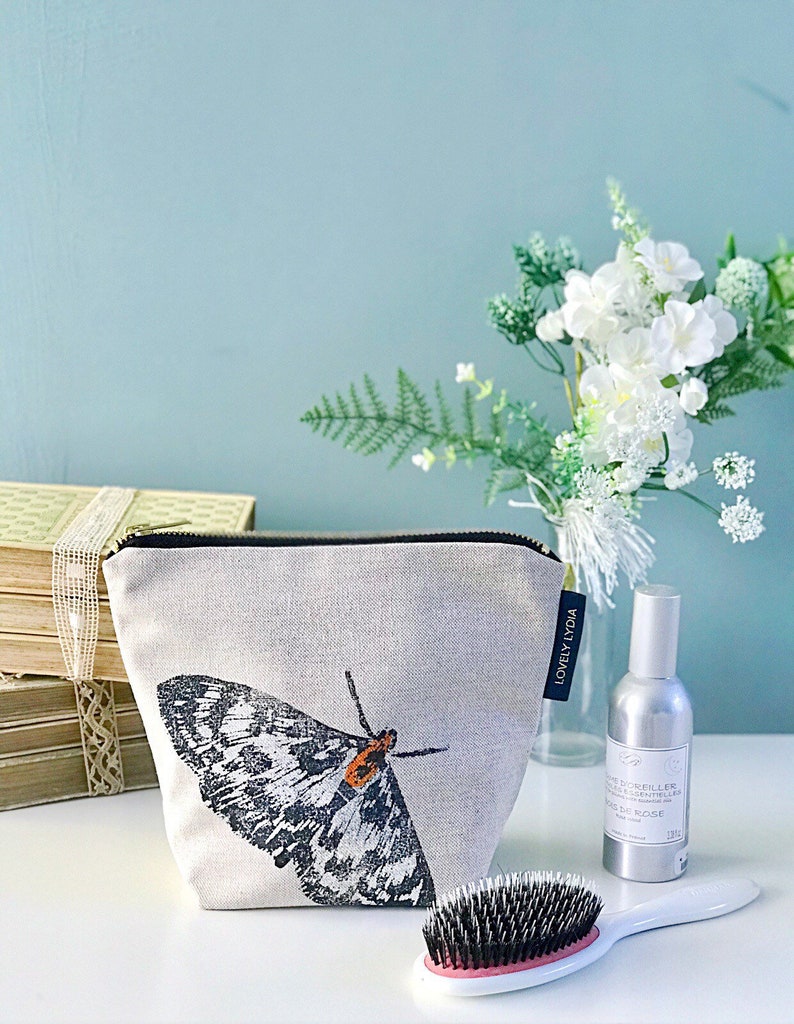 Moth Print Washbag Zipper Handmade cotton or waterproof lined zipper for make-up, cosmetics, toiletries, cables & projects image 3