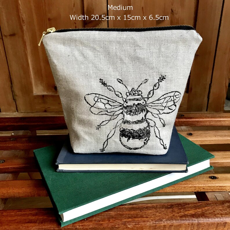 BumbleBee Washbag Zipper Purse Handmade water-proof lined natural linen zipper bag ideal for make up, toiletries, cables or projects image 6