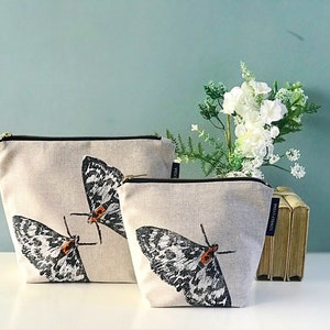 Moth Print Washbag Zipper Handmade cotton or waterproof lined zipper for make-up, cosmetics, toiletries, cables & projects image 1