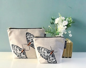 Moth Print Washbag Zipper- Handmade cotton or waterproof lined zipper for make-up, cosmetics, toiletries, cables & projects