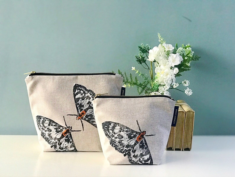 Moth Print Washbag Zipper Handmade cotton or waterproof lined zipper for make-up, cosmetics, toiletries, cables & projects image 1