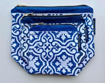 Sapphire Blue Tile Print Washbag Zipper - Handprinted Handmade zipped pouch ideal for cosmetics, toiletries and packing