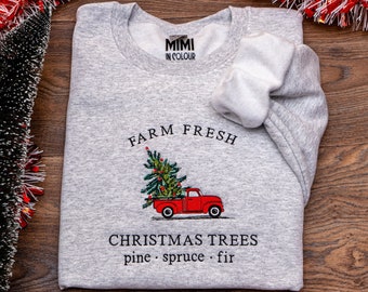 Christmas trees sweatshirt, farm fresh xmas tree jumper, embroidered merry Christmas crewneck, Christmas gift clothing, mimi in colour, pine