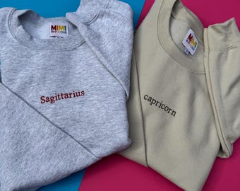Personalized Embroidered Zodiac Sweatshirt, Custom Astrology Gift, Gemini jumper, cancer star sign, Leo, Virgo, Libra, Scorpio, Taurus