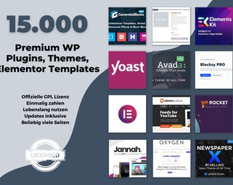 15.000 WordPress Plugins, WordPress Themes & Elementor Templates - lebenslange Nutzung, keine Lizenz nötig, Updates inklusive