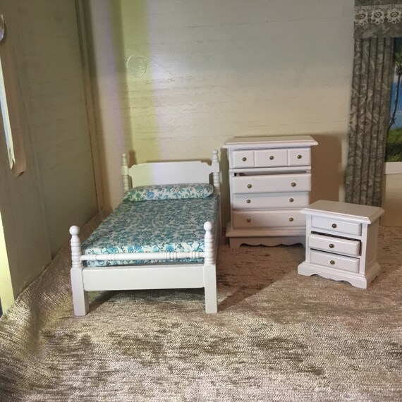 3 Pc Bedroom Set White And Blue Drawers Open Etsy