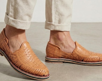 Mexican Huaraches for Men Closed Toe, Hand Woven Vachetta Leather Sandals, Leather Sole, Natural Tan, Handmade in Mexico