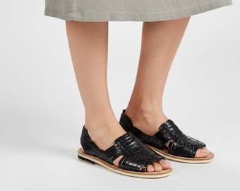 Huaraches noirs pour femmes, sandales en cuir faites main | Huaraches mexicaines artisanales | Chaussures d'été tendance