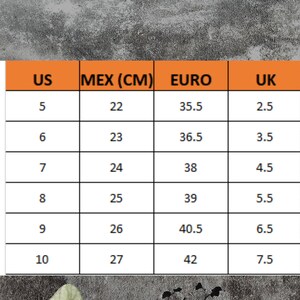 May include: A chart showing shoe size conversions for women's shoes. The chart shows US, Mexican, European, and UK shoe sizes. The chart is on a gray background with a floral design.