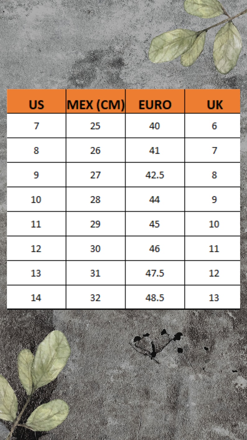 May include: Shoe size conversion chart with US, MEX (CM), EURO, and UK sizes. The chart ranges from US size 7 to 14, with corresponding measurements in centimeters, European sizes, and UK sizes. The background is a textured gray surface with decorative leaves.