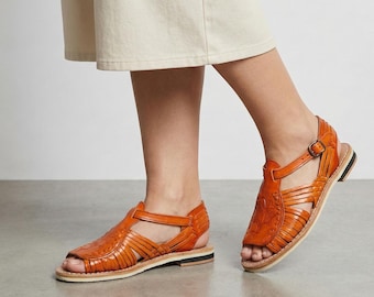 Mexican Huaraches for Women, Open Toe Leather Sandals, Handwoven Orange Huarache Sandals with Tooled Flower and Slingback Strap